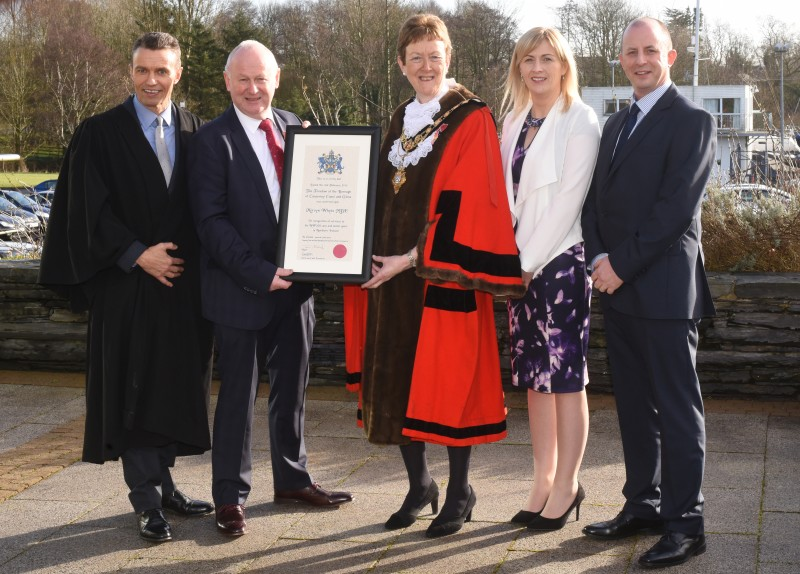 The new Freeman of the Borough of Causeway Coast and Glens Mervyn Whyte pictured with the Mayor, Councillor Joan Baird OBE, Council Chief Executive David Jackson and North West 200 colleagues Gillian Lloyd and Fergus Mackay.