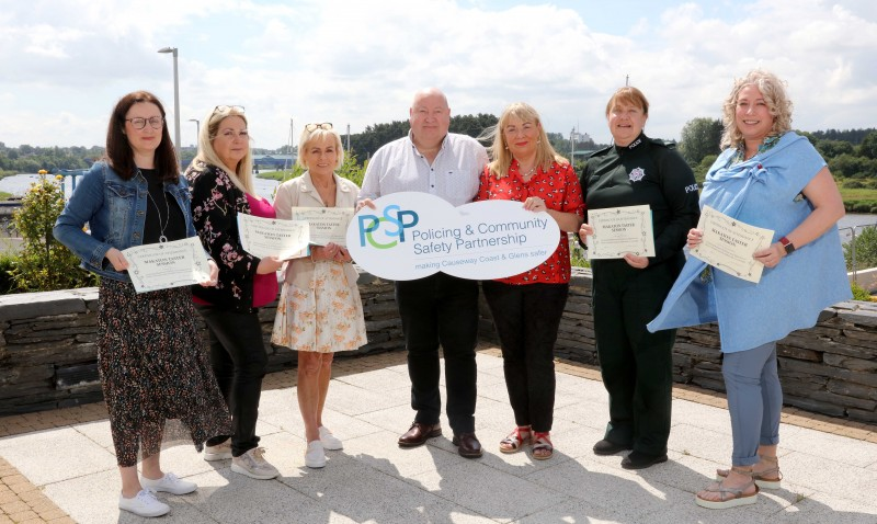 Causeway Coast and Glens Policing and Community Safety Partnership (PCSP) has held a presentation event at Cloonavin for members who successfully completed Mencap disability awareness training. Pictured are (l-r): Orlaith Quinn, PCSP Officer; Patricia McQuillan and Caroline White, PCSP Independent Members; Alderman Adrian McQuillan, PCSP Chair; Judith Lavery, Crime Prevention Officer; Constable Sonia McMullan and Elaine McConaghie, Council Policy Officer.