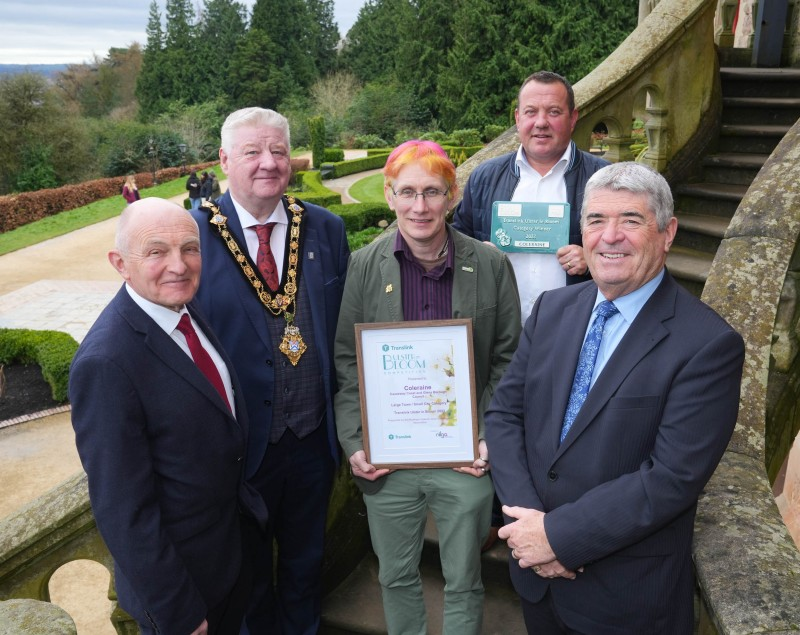 Photo 1- Celebrating Coleraine’s Win in the Large Town/Small City category Translink Ulster in Bloom 2023 (L-R) Dr Michael Wardlow, Translink Chairman; Cllr Stephen Callaghan, Mayor of Causeway Coast and Glens Borough Council; Rodney Boyd and Winston Brogan, Parks and Recreations, Causeway Coast and Glens Borough Council and Councillor Billy Webb, Vice President, NILGA