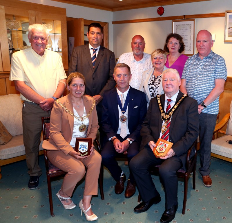 (Front row) Mayor of Causeway Coast and Glens, Councillor Steven Callaghan with the Mayor of Douglas, Councillor Natalie Byron-Teare, and her husband Andrew. (Back row L-R) Warner Kilpatrick, Ballymoney Twinning Association; Councillor Jonathon McAuley, CCG Borough Council; Councillor Stephen Pitts, Douglas Borough Council; Councillor Sharon McKillop, CCG Borough Council; Paula Pitts; Adrian Darragh, Ballymoney Twinning Association.