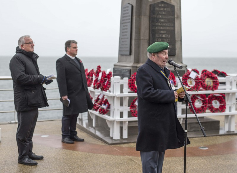 Allan Anderson Branch President RBL Portstewart at Portstewart War Memorial on Armistice Day.