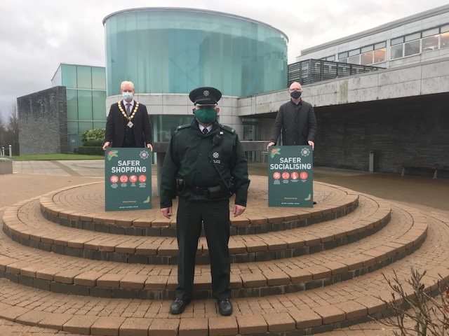 District Licencing Officer Constable Pete Olphert pictured at Cloonavin with the Deputy Mayor of Causeway Coast and Glens Borough Council Alderman Tom McKeown and Bryan Edgar, Head of Health and Built Environment. Police and Council are working together to provide reassurance and support to retailers, hospitality and the wider community ahead of the Christmas holiday period.