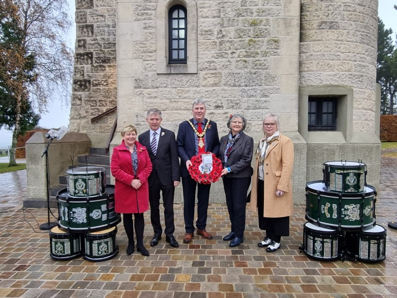 Veterans’ Champion Alderman Sharon McKillop, Alderman Mark Fielding, Mayor of Causeway Coast and Glens Borough Council Councillor Richard Holmes, Alderman Yvonne Boyle, and Alderman Michelle Knight McQuillan pictured at the centenary commemoration of the Ulster Memorial Tower.