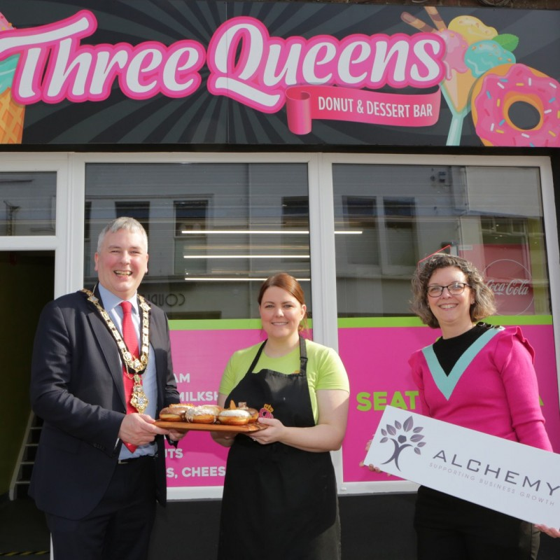 The Mayor of Causeway Coast and Glens Borough Council Councillor Richard Holmes pictured at Three Queens, Coleraine’s new donut and dessert bar located on Railway Road, with owner Kirsty Nicholl and Causeway Coast and Glens Borough Council’s Economic Development Officer Louise Pollock.