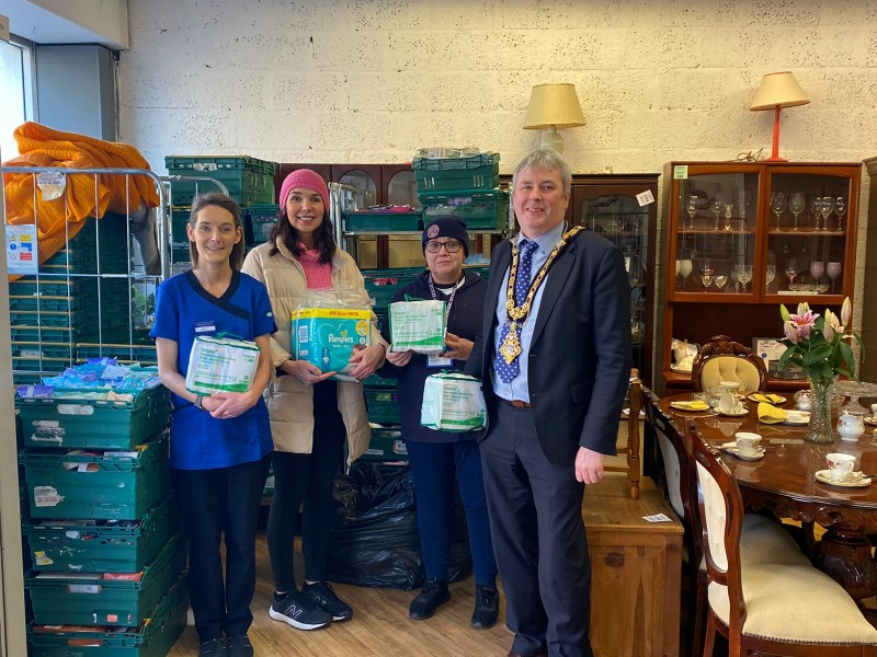 The Mayor of Causeway Coast and Glens Borough Council Councillor Richard Holmes pictured at the Community Rescue Service shop in Coleraine with Councillor Stephanie Quigley who led the organisation of donations in the Coleraine area and some of those who supported the local response to help those in need in Ukraine.