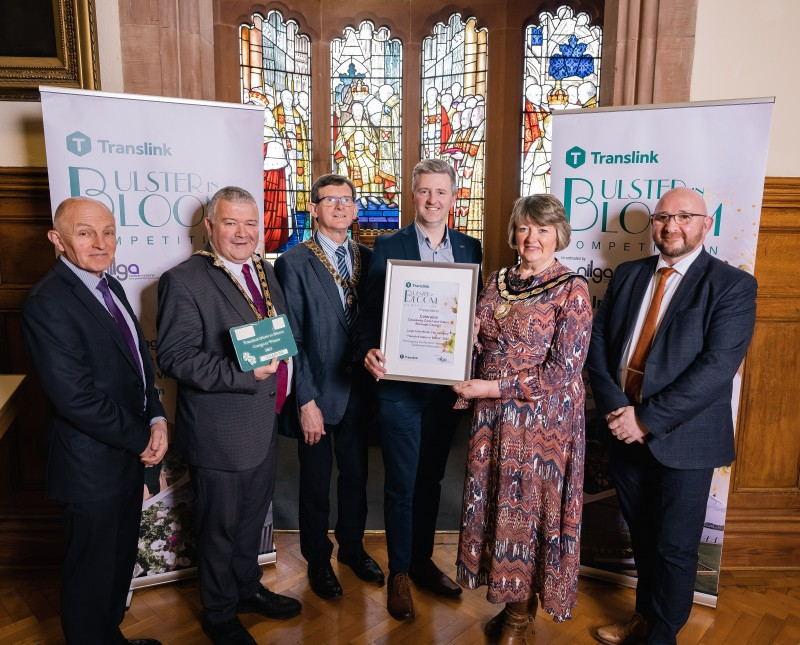 Left-Right: Dr Michael Wardlow, Chairman, Translink; Cllr Martin Kearney, President, NILGA; Cllr Ivor Wallace, Mayor of Causeway Coast and Glens Borough Council; Noel Davoren, Causeway Coast and Glens Borough Council; Cllr Frances Burton, Vice President, NILGA; and  Mark Montgomery, Area Route Manager, Northern Line, Translink pictured at the Ulster in Bloom awards presentation.