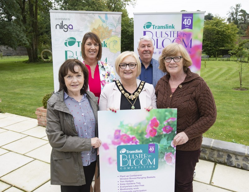 Celebrating the achievements of Dungiven, awarded ‘most improved town’ at Translink’s Ulster in Bloom competition, are the Mayor of Causeway Coast and Glens Borough Council, Councillor Brenda Chivers with Geraldine Henry and Margaret Mc Cluskey from Dungiven in Bloom, Alderman Freda Donnelly, Vice President, NILGA and Frank Hewitt, Chairman of Translink.