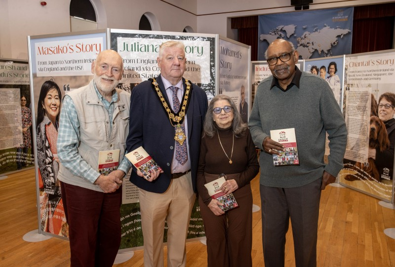 Project participants Mick Turner, Flora Todaro Luck and Bruck Luck, with the Mayor of the Causeway Coast and Glens Borough Council, Councillor Steven Callaghan at the exhibition in Coleraine Town Hall.