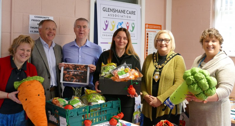 The Mayor of Causeway Coast and Glens Borough Council Councillor Brenda Chivers pictured at the launch of the new Community Fridge in Dungiven with John McCarron, Environmental Resource Officer and representatives from Glenshane Care Association, Dungiven Library, local supermarkets and the community.
