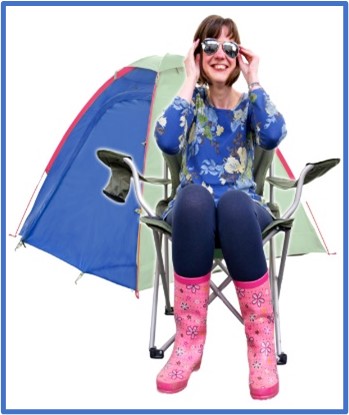 A female sitting in a chair with sunglasses in front of a tent