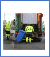 A group of men in safety vests loading garbage cans