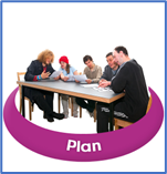 A group of people sitting at a table with a circular ribbon around them and the word plan in the middle