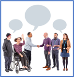 A group of people standing around a person in a wheelchair checking services provided