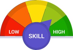 a multi coloured guage with the word low at one side and high at the other with an arrow with the word skill inside